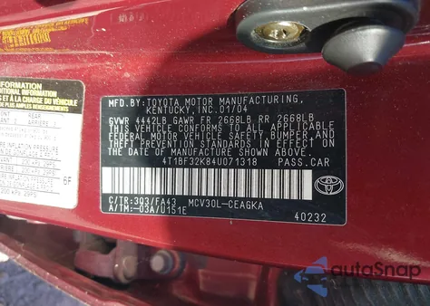 2004 Toyota Camry Xle V6 from USA, damaged, VIN 4T1BF32K84U071318